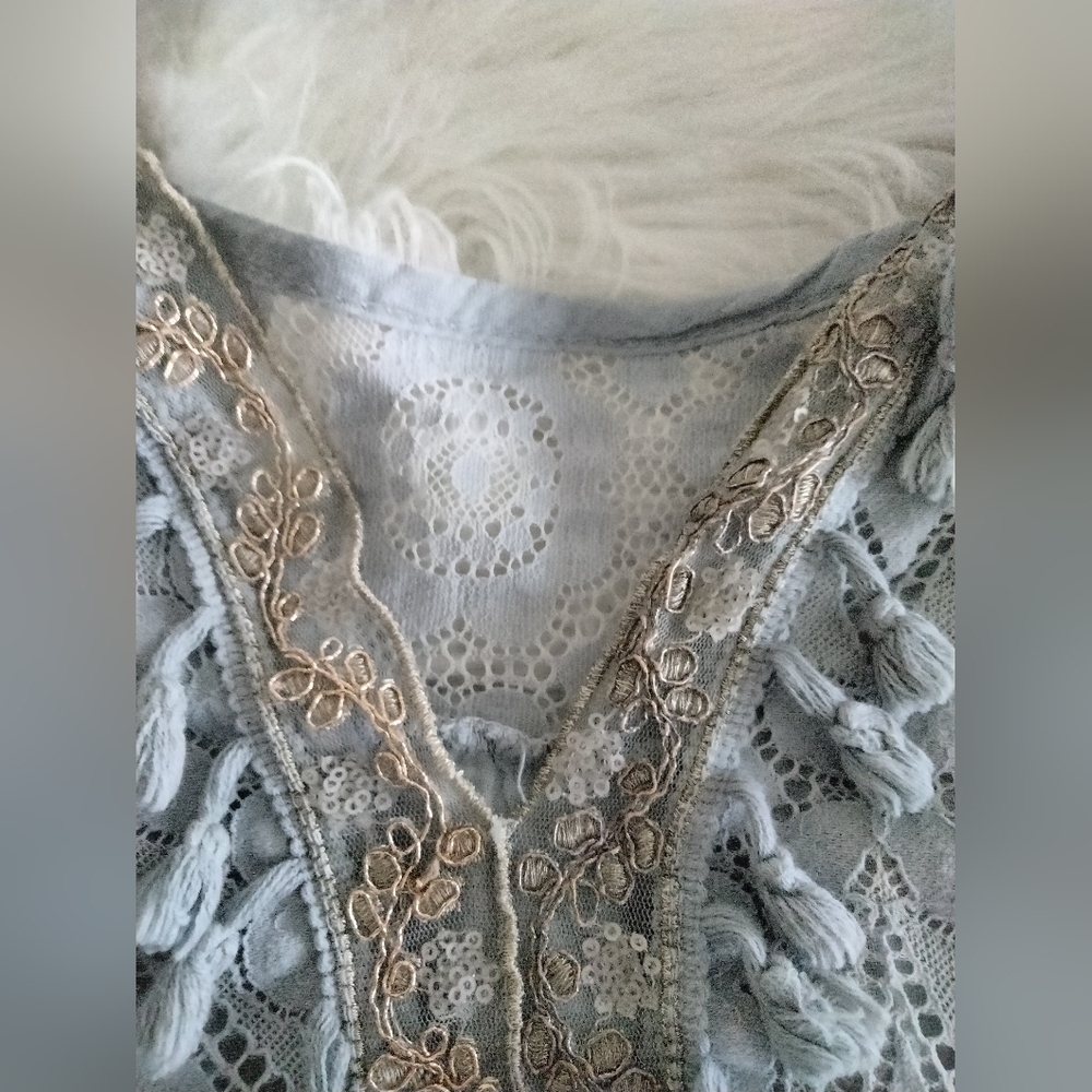 Boho Crochet Sleeve Top – Soft Blue/Grey with Golden Embroidery - Picture 4 of 10
